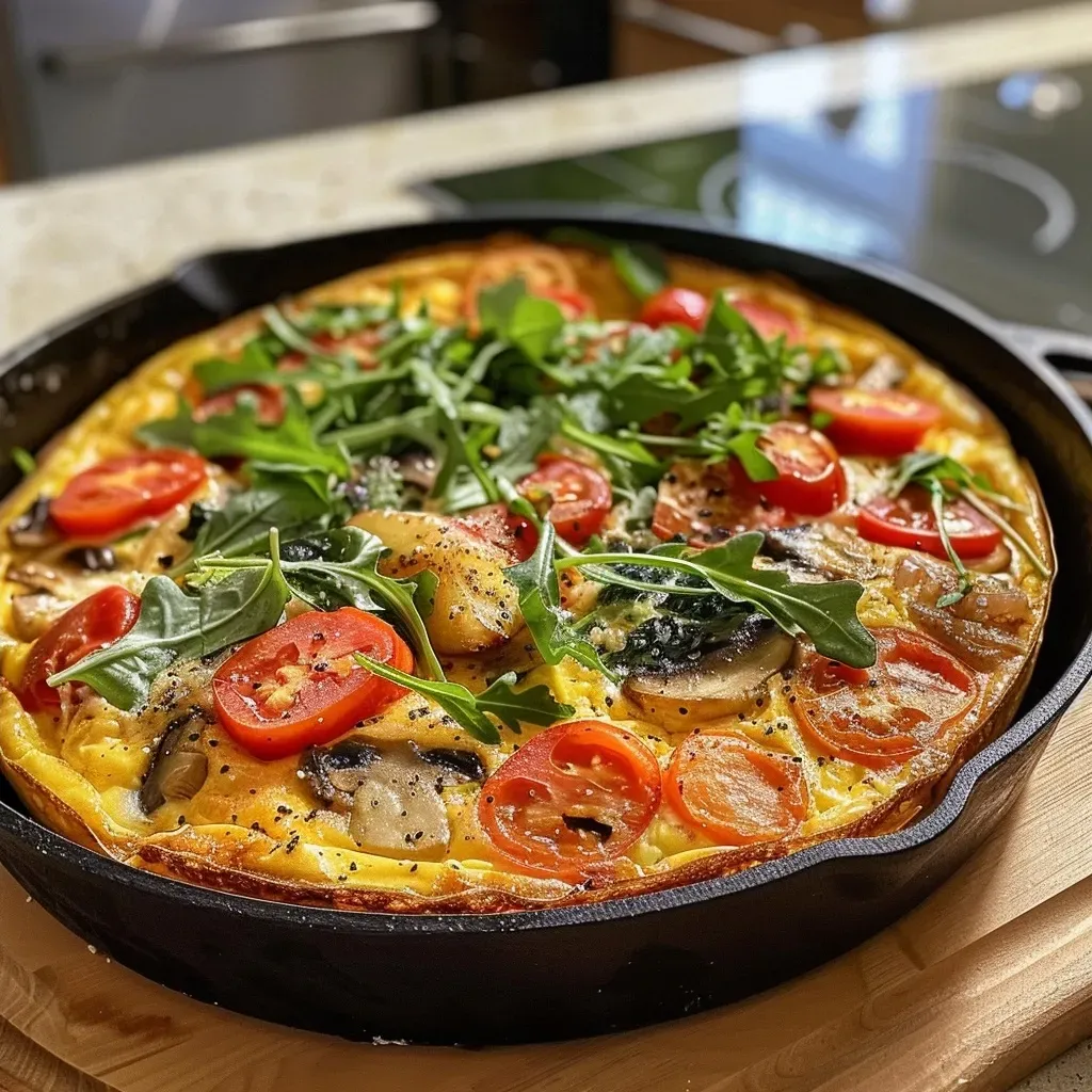 Side view of a baked frittata, highlighting the vibrant mix of leftover vegetables and cheese.