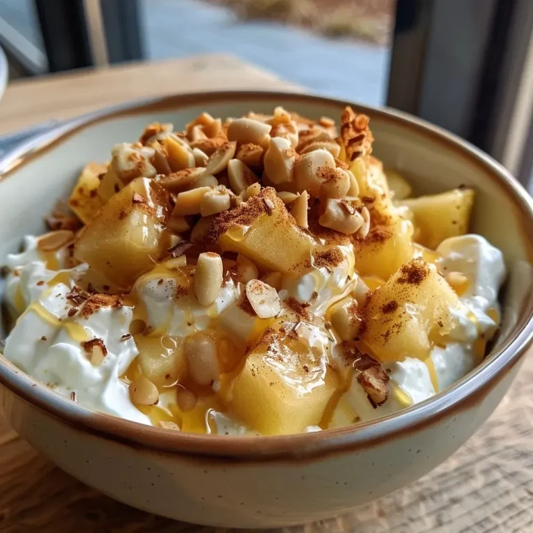 Einfacher Genuss: Energiegeladener Apfel-Zimt-Quark für jeden Tag Side view of a creamy bowl of apple cinnamon quark topped with diced apples and nuts.