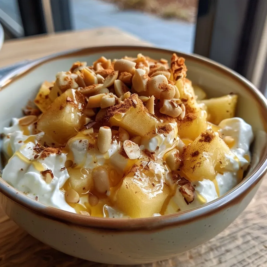 Side view of a creamy bowl of apple cinnamon quark topped with diced apples and nuts.