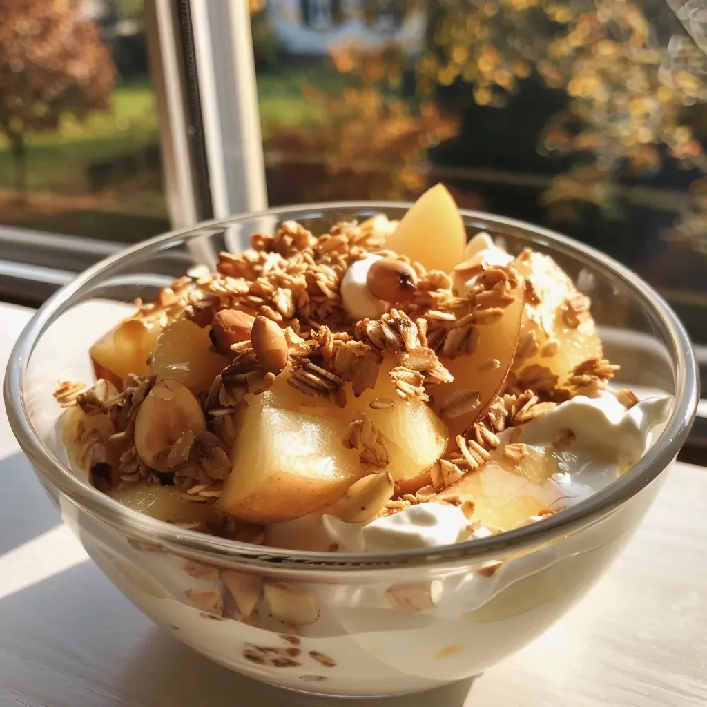 Close-up of delicious apple cinnamon quark with a sprinkle of cinnamon and apple pieces.