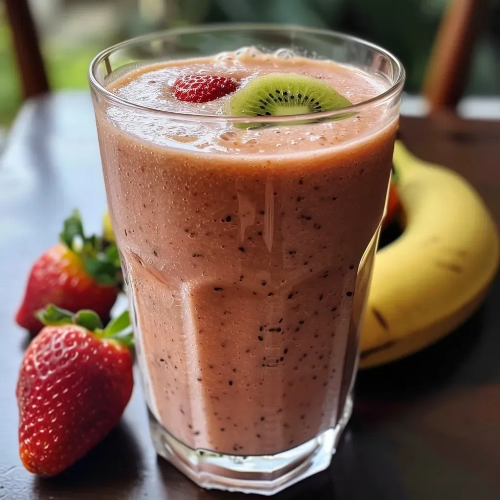 Close-up view of a vibrant strawberry kiwi smoothie in a glass with fresh fruit around.