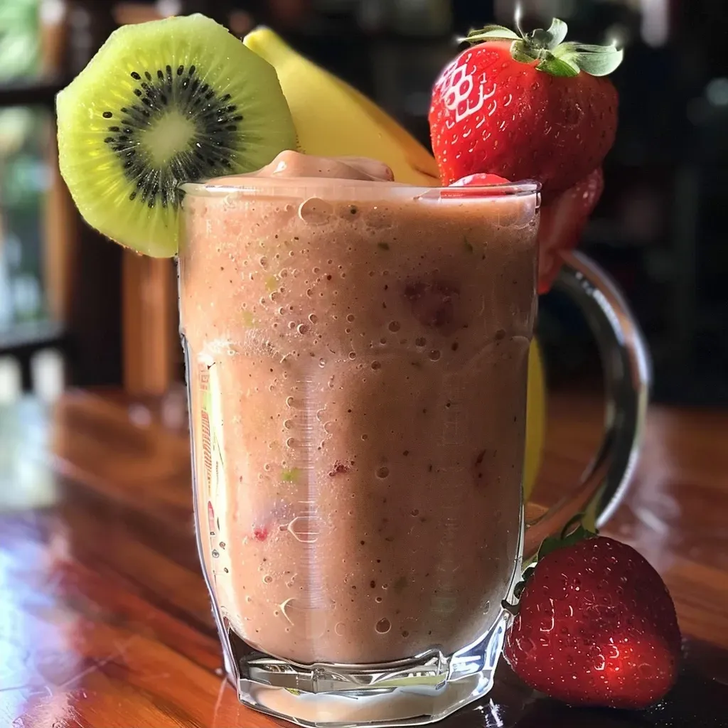 Side view of a creamy strawberry kiwi smoothie, showing its texture and color.