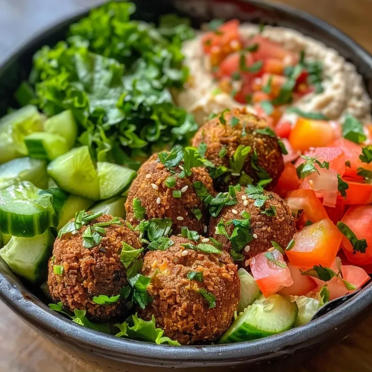 Close-up view of a Falafel Bowl filled with hummus, tahini, and fresh vegetables.