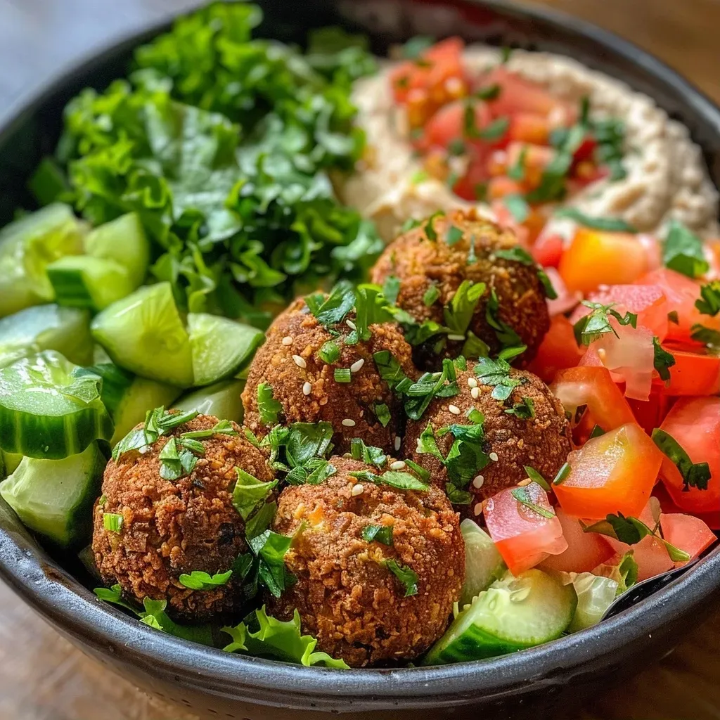 Close-up of a colorful falafel bowl with greens, quinoa, and tahini dressing.