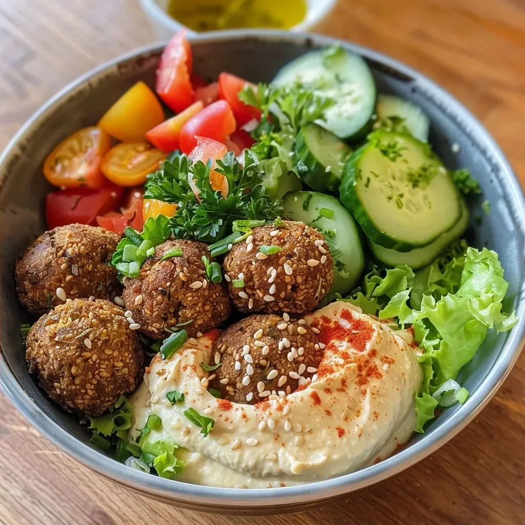 A vibrant falafel bowl featuring chickpeas, avocado, and fresh vegetables.