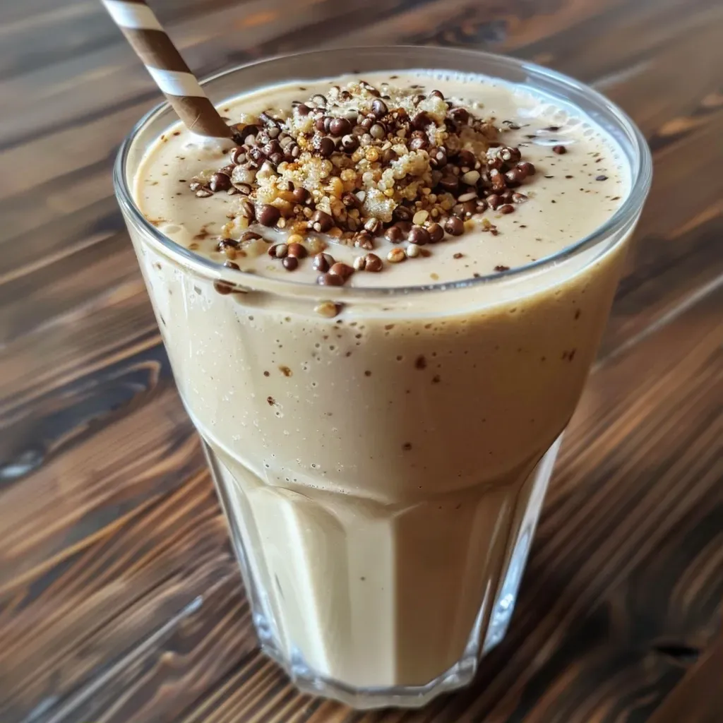 A close-up side view of a creamy Feigen Zwetschken smoothie in a glass, showcasing its rich texture.