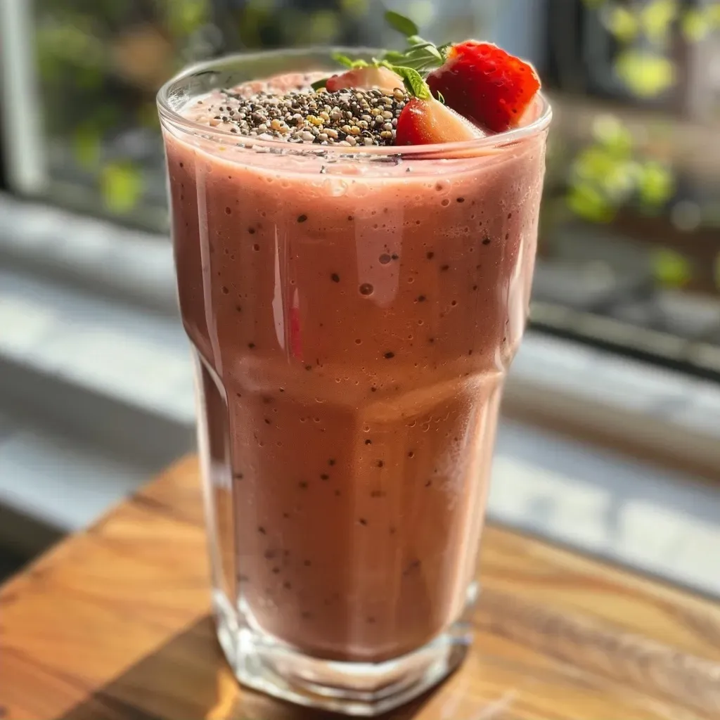 A refreshing Feigen Zwetschken smoothie with visible fruit pieces, captured in a side profile.