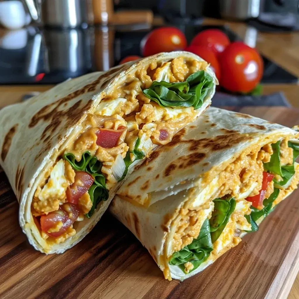Close-up view of a delicious breakfast wrap filled with eggs, cheese, and veggies.