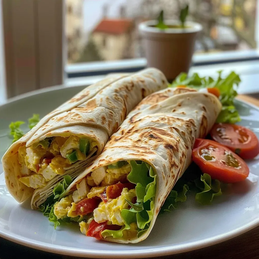 Side shot of a juicy breakfast wrap showcasing colorful peppers and melted cheese.