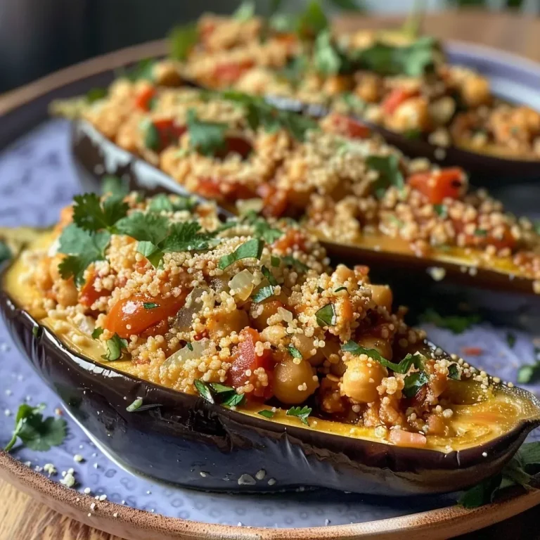 Köstliche gefüllte Auberginen mit Couscous und Tahini — einfach und gesund! Close-up view of a stuffed aubergine filled with couscous and topped with tahini sauce.