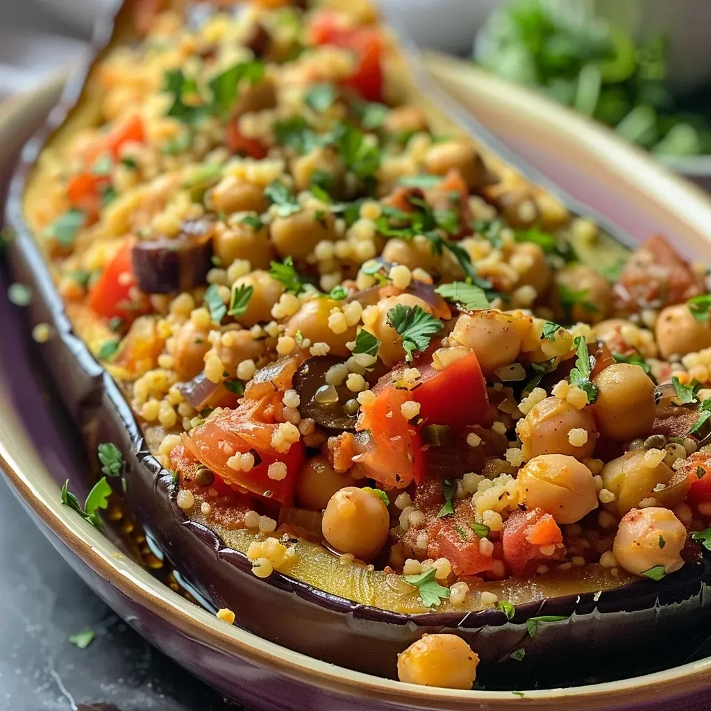 Side view of a juicy aubergine half, filled with colorful couscous and garnished with tahini.