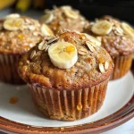 Close-up of a healthy banana oatmeal muffin showing a moist texture with oats on top.