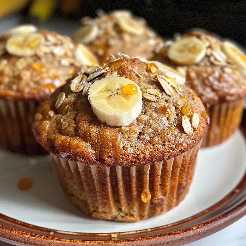 Close-up of a healthy banana oatmeal muffin showing a moist texture with oats on top.