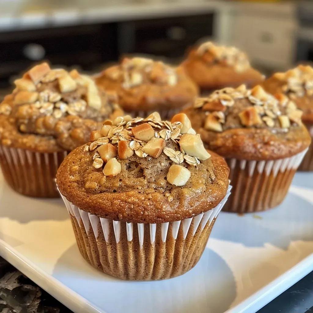 Side view of freshly baked banana oatmeal muffins, highlighting their golden brown color and ingredients.