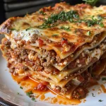 Close-up side view of a delicious lasagna with layers of meat, cheese, and sauce.