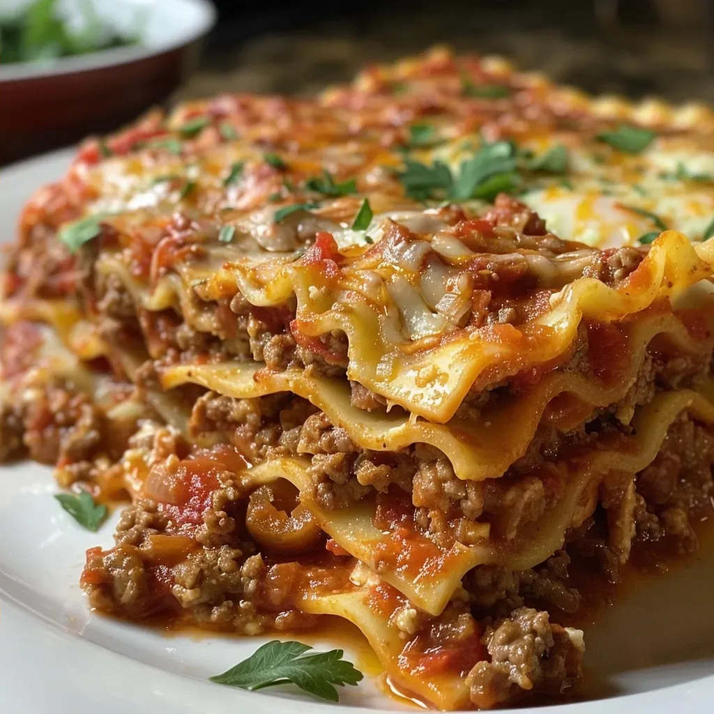 Juicy, homemade lasagna displayed from the side, highlighting its rich ingredients.