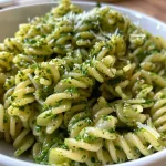Close-up view of Grünkohl pasta with a vibrant green hue and visible pieces of kale.