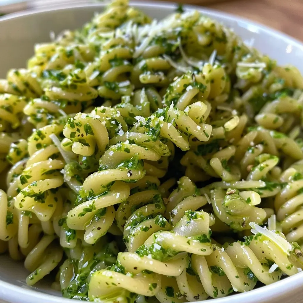 A close-up of Grünkohl pasta showing green kale mixed with penne.