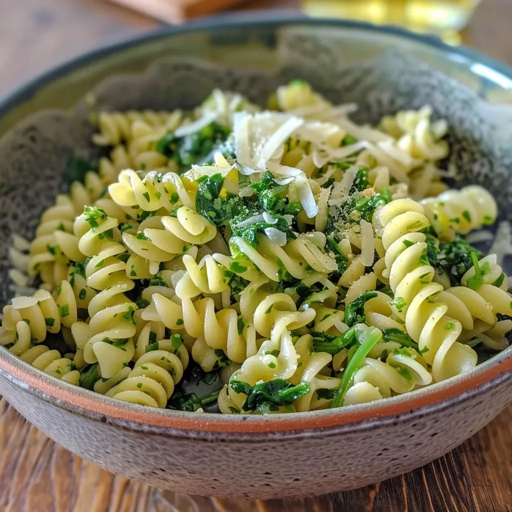 Detailed side view of a bowl of Grünkohl pasta, showcasing its rich texture and toppings.