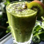 Close-up view of a Gurken-Spinat-Smoothie in a glass, featuring a green color and garnished with mint leaves.