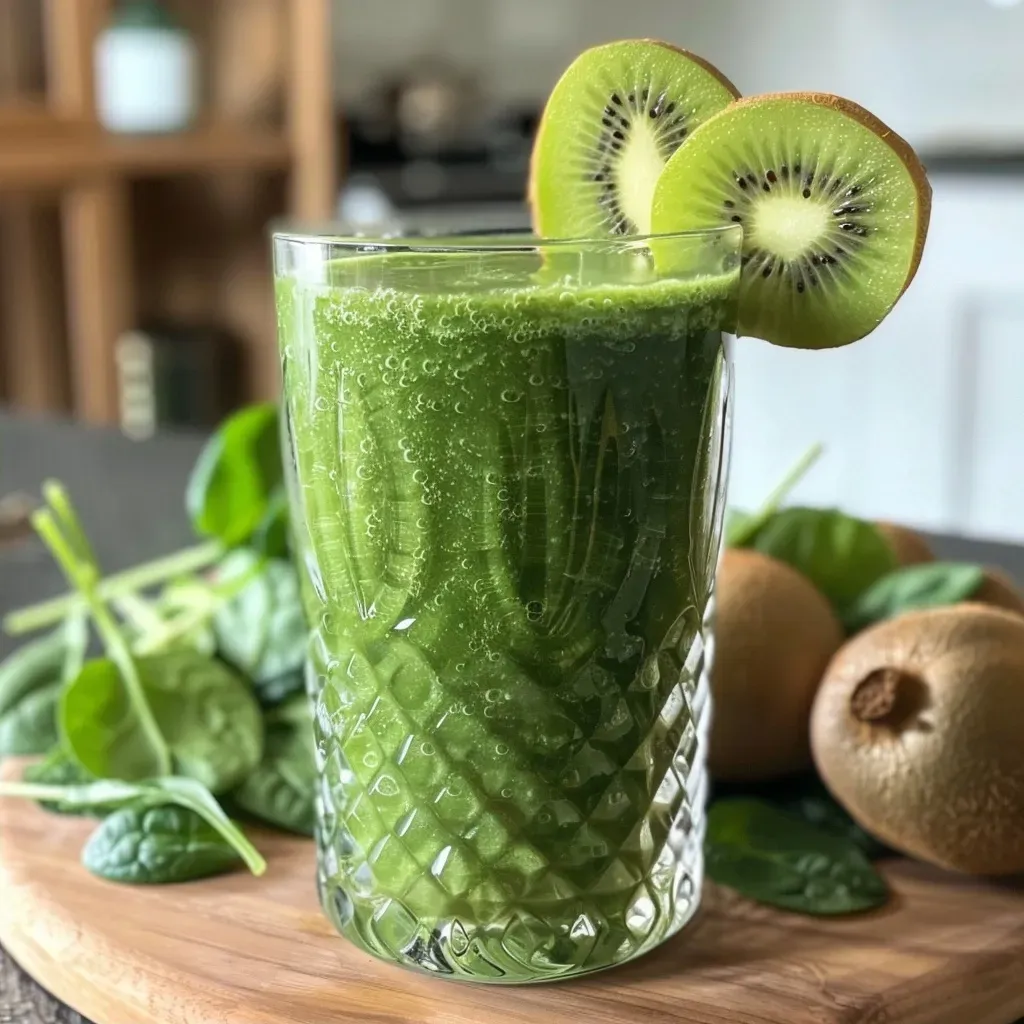 Side view of a refreshing Gurken-Spinat-Smoothie in a clear glass with a thick consistency and kiwi slices on top.