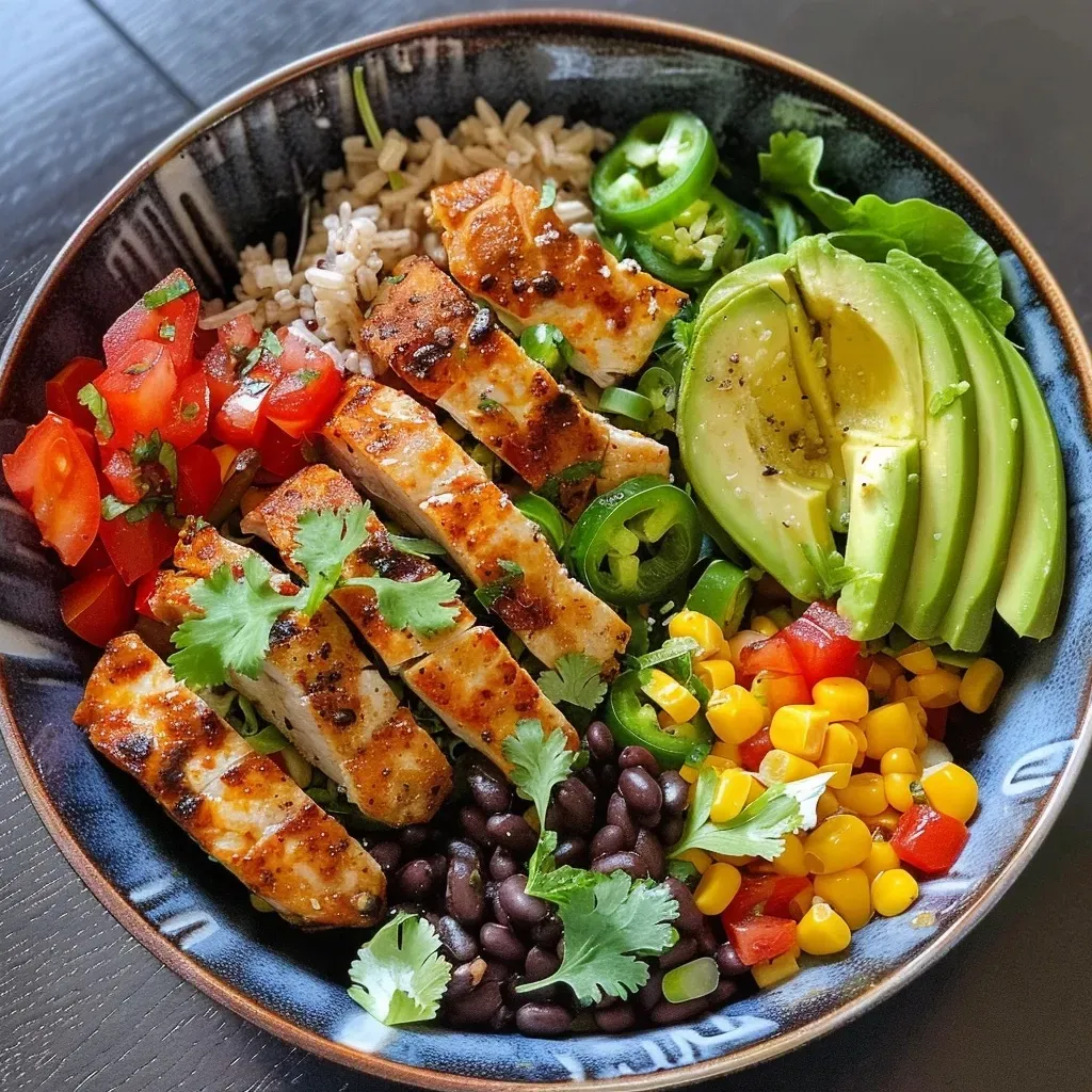 Juicy diced chicken breast served over brown rice with various toppings in a bowl.