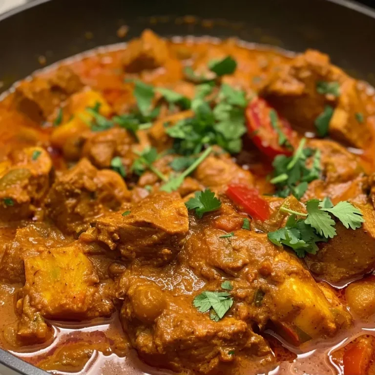 A close-up view of a bowl of chicken pumpkin curry, featuring vibrant colors and rich textures.