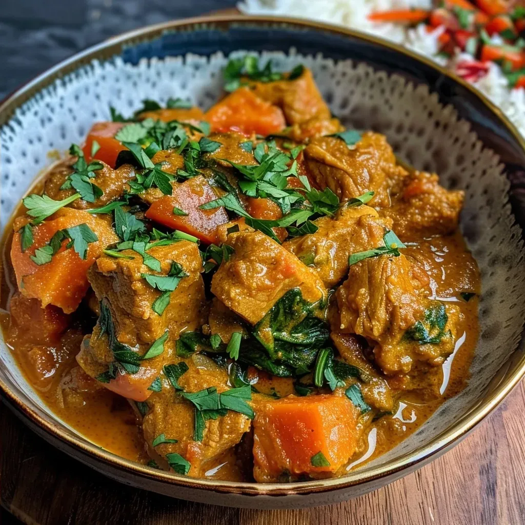 Side view of a hearty chicken pumpkin curry in a slow cooker, showcasing tender chicken pieces and colorful vegetables.
