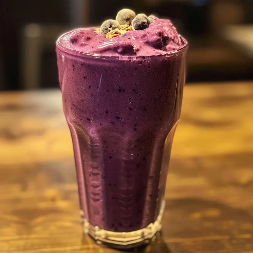 A vibrant blue smoothie in a transparent glass, showcasing frozen blueberries and banana slices.