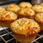 Close-up view of savory muffins with a golden crust and visible chunks of ham.
