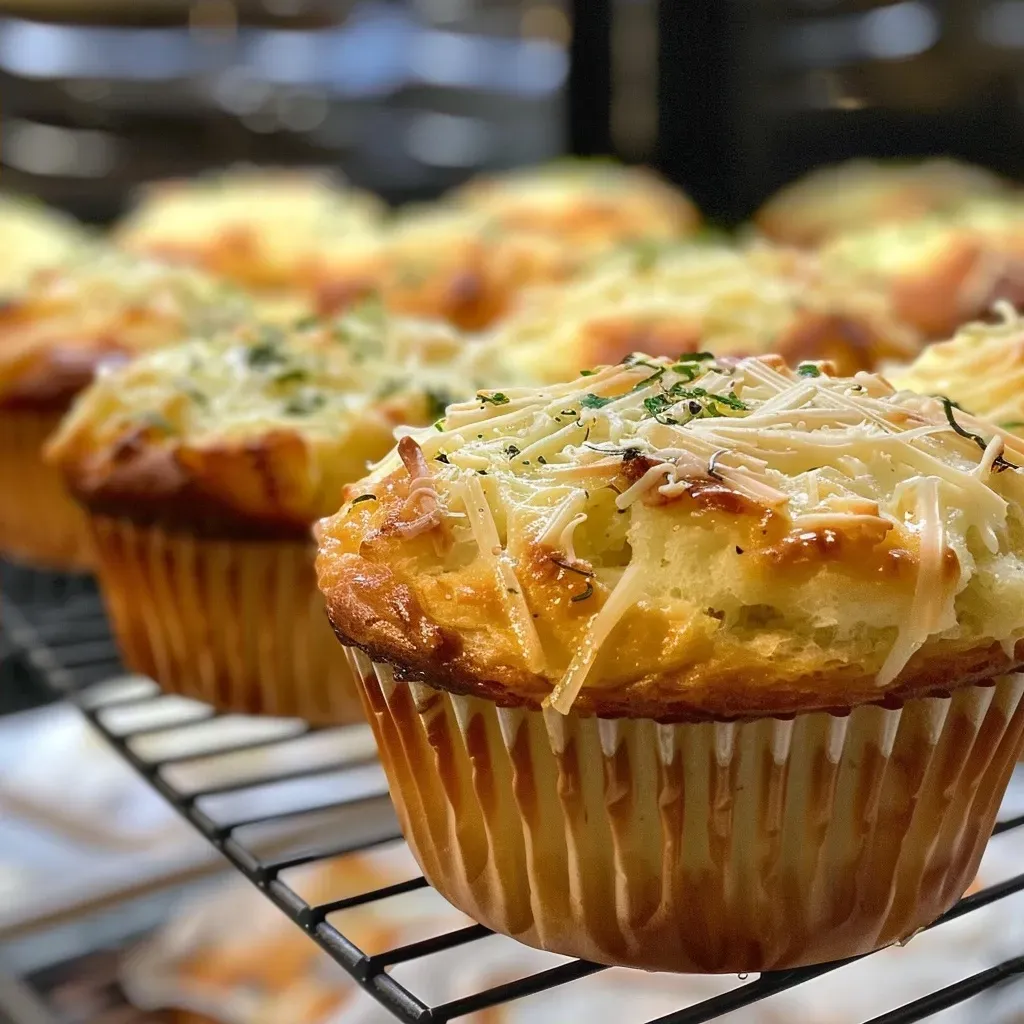 Side view of delicious savory protein muffins showcasing a moist texture and cheese topping.