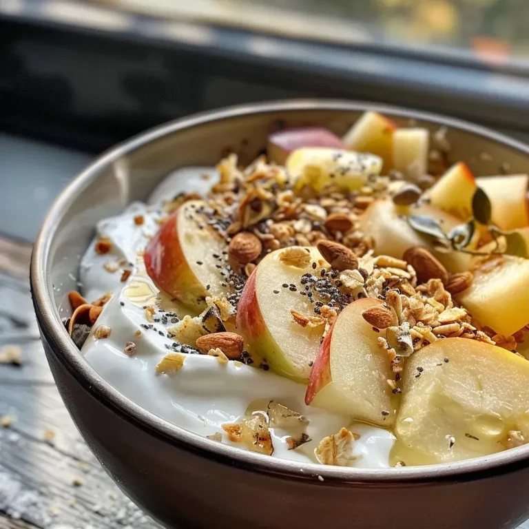 Die perfekte High Protein Apfel-Zimt-Bowl für deinen Genussmoment Close-up view of a High Protein Apfel-Zimt Bowl featuring sliced apple, walnuts, and sprinkled cinnamon.