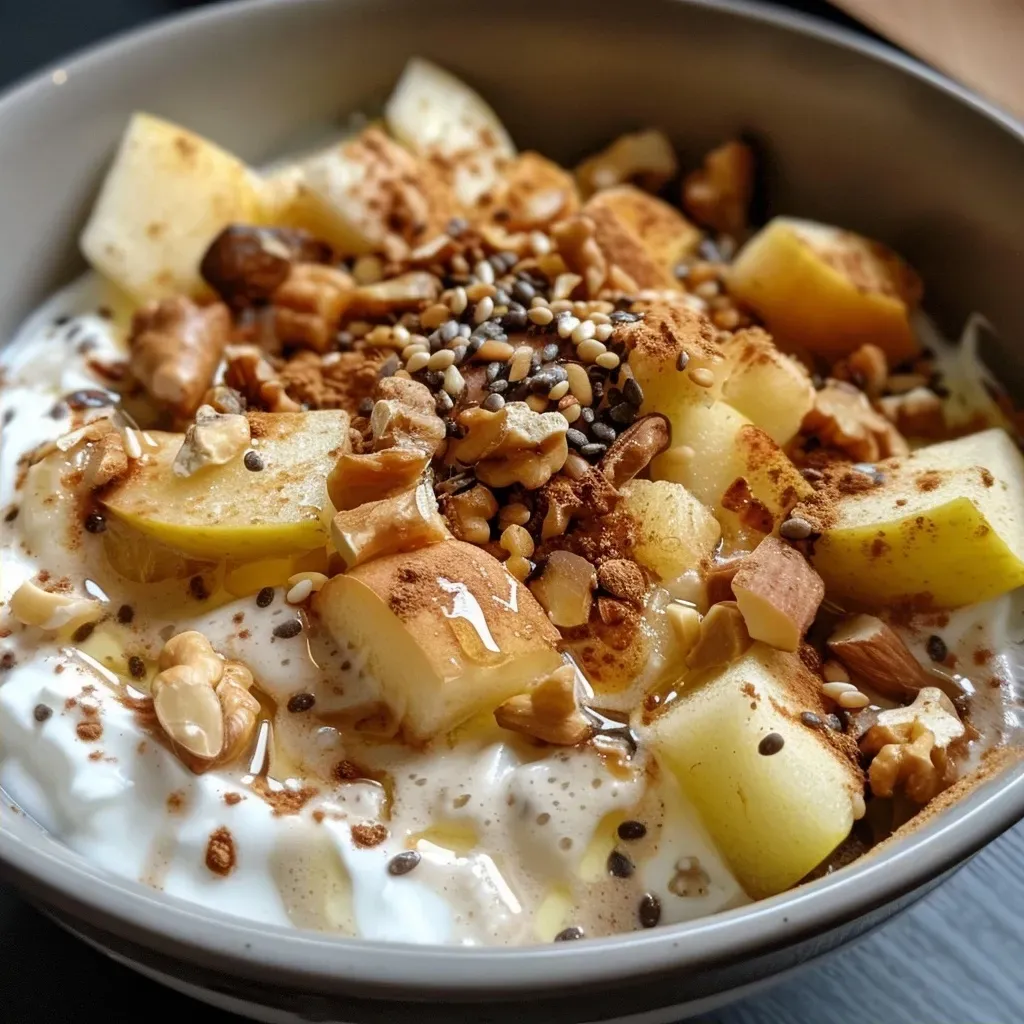 Side view of a bowl filled with creamy quark, topped with apples, walnuts, and coconut flakes.