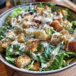 Side view of a High Protein Caesar Salad with grilled chicken and fresh romaine.