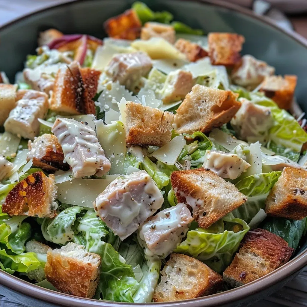 Close-up of a colorful High Protein Caesar Salad with croutons and grated Parmesan.