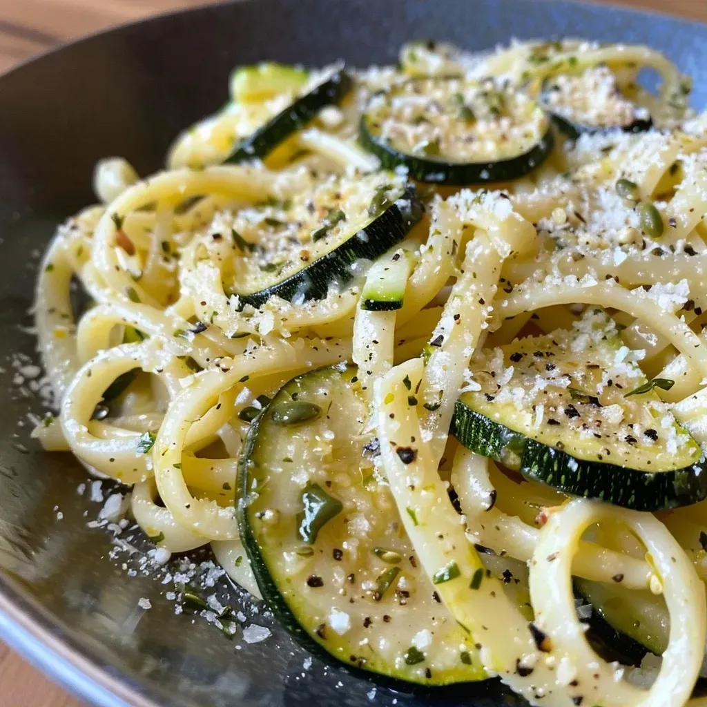 Close-up view of high protein pasta with zucchini and lemon, garnished with basil.