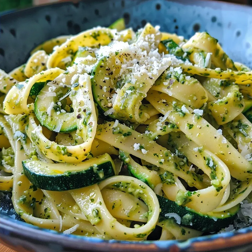 Side angle photo of a bowl of chickpea fettuccine mixed with zucchini and garlic.