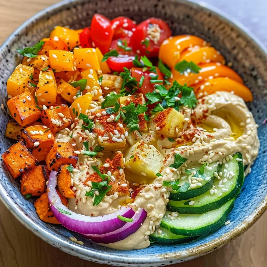 Side view of a roasted veggie hummus bowl featuring diced sweet potatoes, bell peppers, and zucchini.