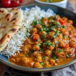 Close-up view of a rich and creamy Indisches Butter Kichererbsen Curry with vibrant spices.
