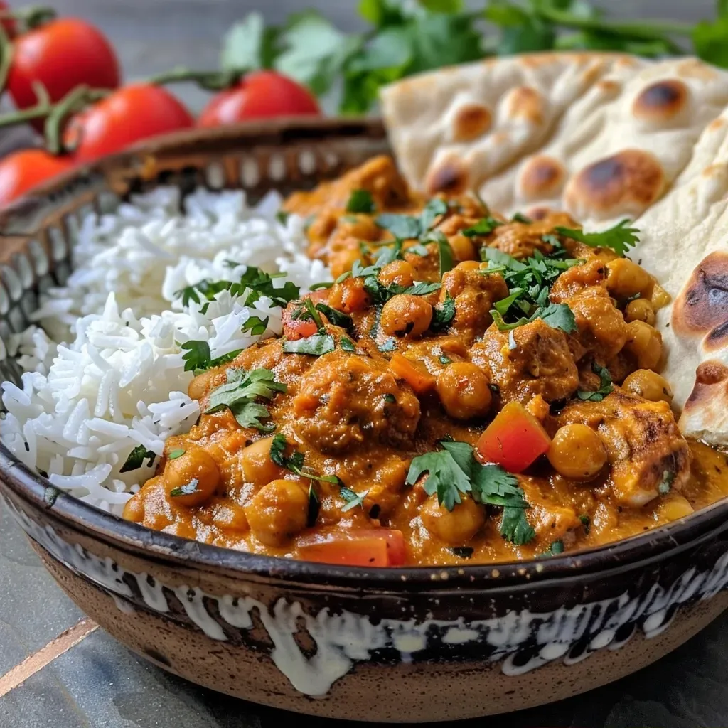 A delicious bowl of Indisches Butter Kichererbsen Curry garnished with fresh cilantro, served with Naan bread.