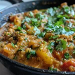 Close-up view of a bowl of Indian lentil curry with spinach and coconut milk, showcasing rich colors and textures.