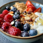 Close-up of a yogurt bowl featuring Greek yogurt topped with mixed berries, granola, and nuts.