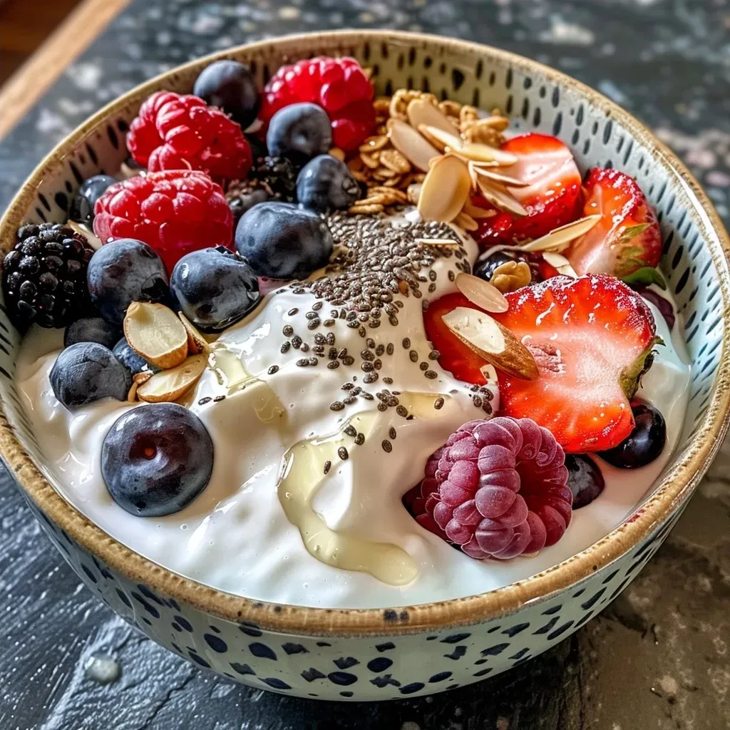 Side view of a colorful yogurt bowl with honey vanilla Greek yogurt, granola, and a variety of berries.