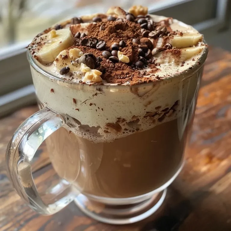 Der cremige Kaffee-Smoothie, der deinen Morgen versüßt Close-up view of a delicious coffee smoothie in a glass, topped with cocoa powder.