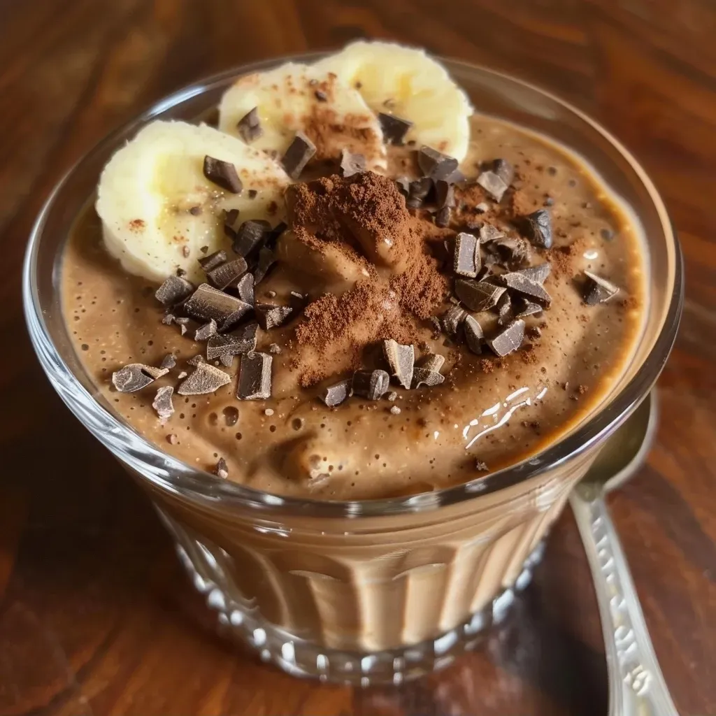 Side view of a creamy smoothie made with coffee, bananas, and yogurt in a clear glass.