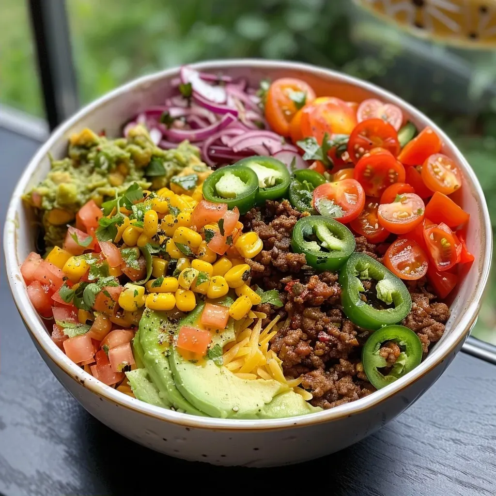 Side view of a hearty Kartoffel Taco Bowl showcasing layers of seasoned beef and vegetables.