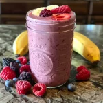 Side view of a creamy Kefir smoothie with colorful berries and banana.
