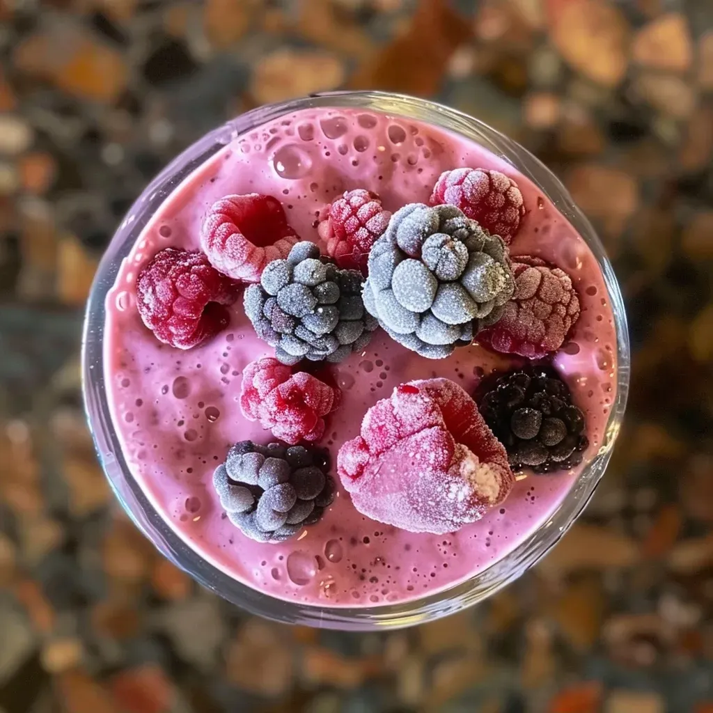 Close-up image of a refreshing Kefir smoothie, showcasing mixed berries and banana.