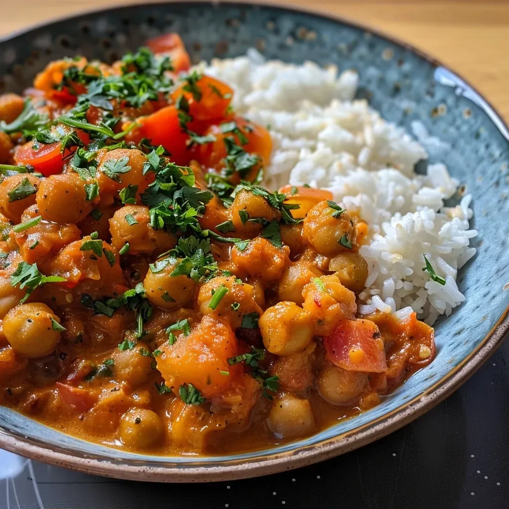 A vibrant bowl of Kichererbsen Curry with colorful ingredients.