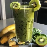 Close-up side view of a refreshing Kiwi Smoothie in a glass.
